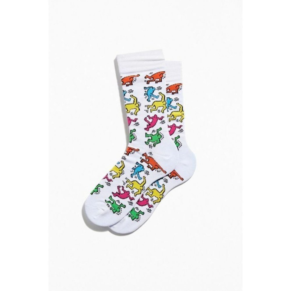 Keith Haring Men's Crew Novelty Socks 5 Figures Repeat White  6.5-12.5